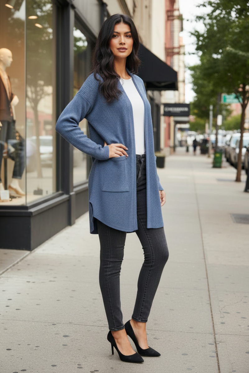 LONG SLEEVE SOLID BRUSHED URBAN RIBBED OPEN CARDIGAN-HMEJ6782-18