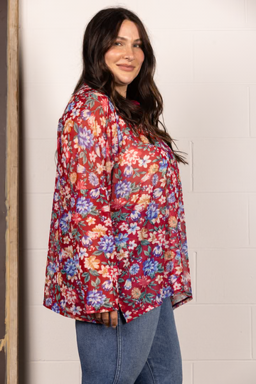 BROWN MANDARIN COLLAR FLORAL PRINT PLUS SIZE TOP T7538
