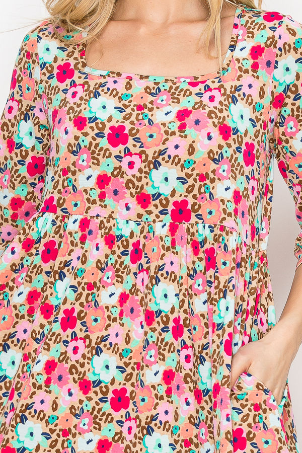 MULTI PRINT SQUARE-NECK DRESS WITH SIDE POCKETS