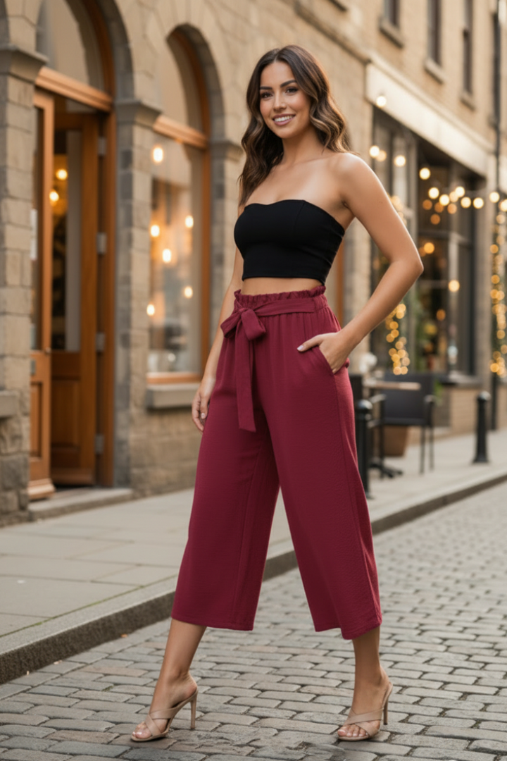 PAPERBAG WAISTBAND SOLID WOVEN CULOTTES PANTS-HMEP6735-10