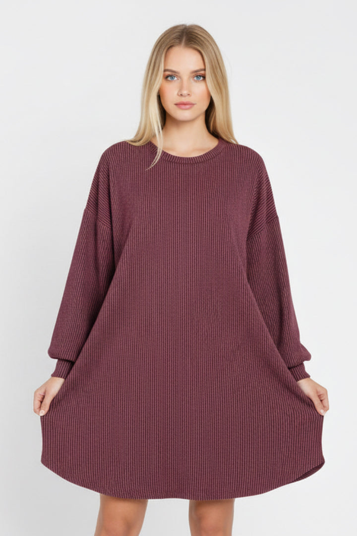PLUS SIZE LONG PUFF SLEEVE SOLID URBAN RIBBED MINI DRESS