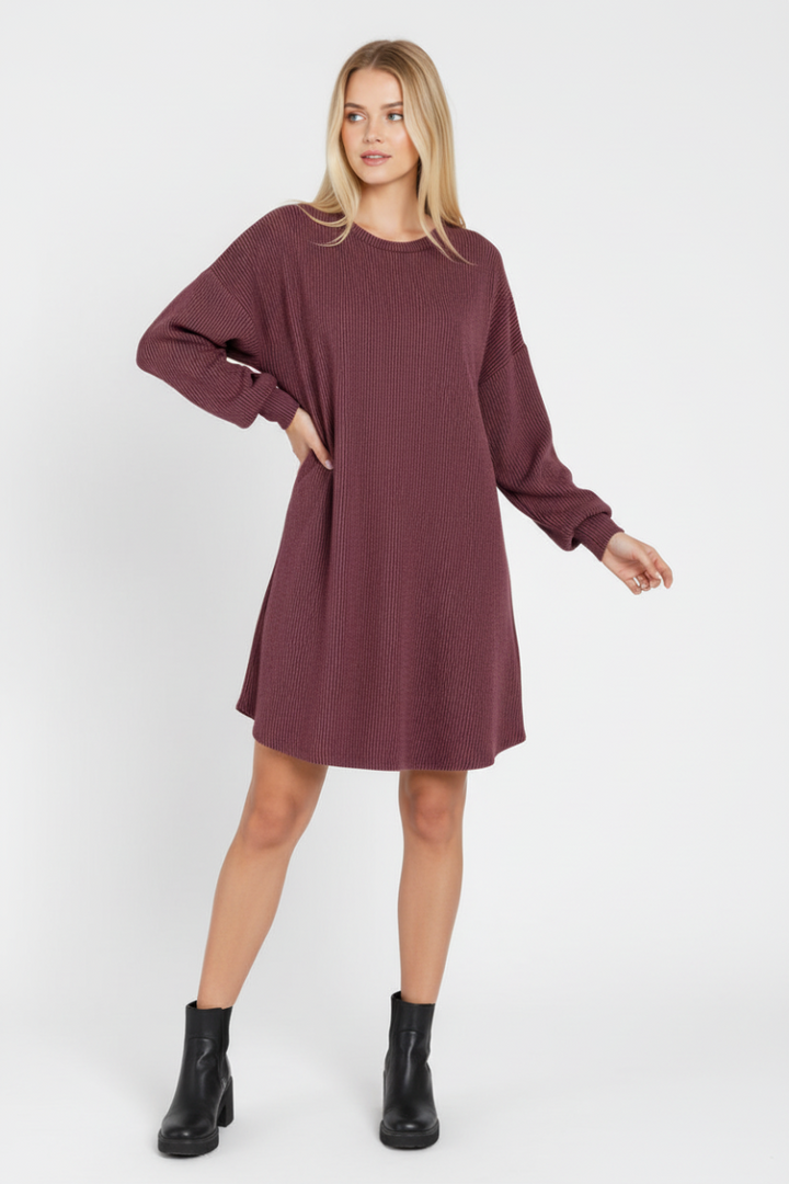 PLUS SIZE LONG PUFF SLEEVE SOLID URBAN RIBBED MINI DRESS