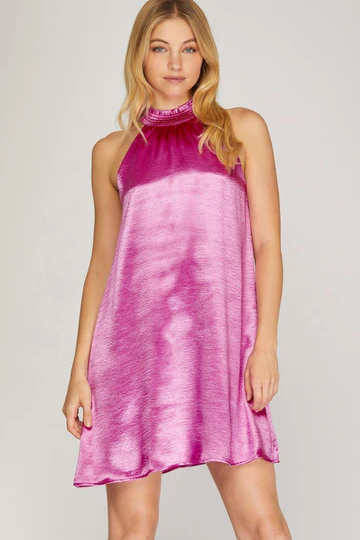 CHAMPAGNE SMOCKED MOCK NECK SATIN MINI DRESS SKSY5088