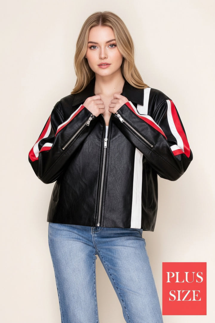 PLUS SIZE BLACK PU LEATHER JACKET WHIT FRONT ZIP-UP-WBT11052P