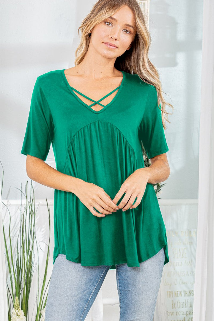 HALF SLEEVE CRISSCROSS V NECK SOLID BABYDOLL TOP PLUS SIZE