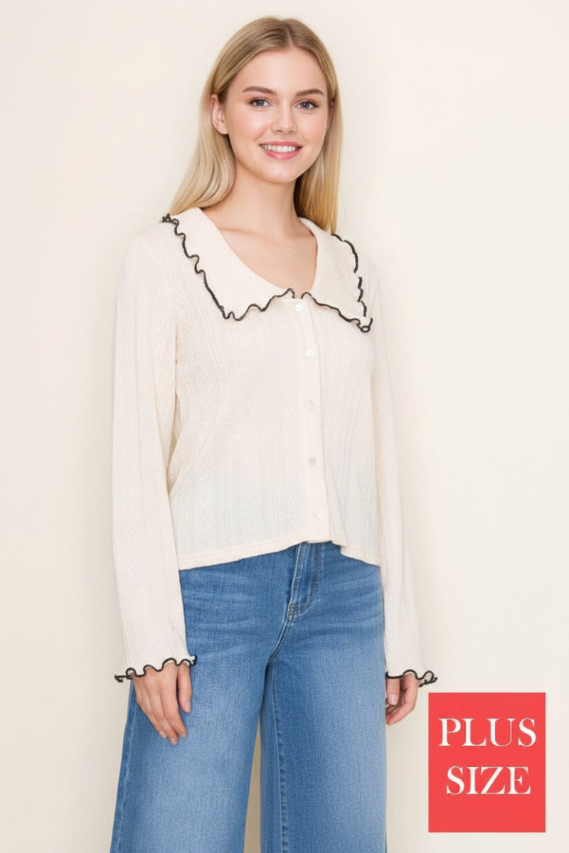 PLUS SIZE LONG SLEEVE SOLID BUTTON DOWN TOP WBT10996