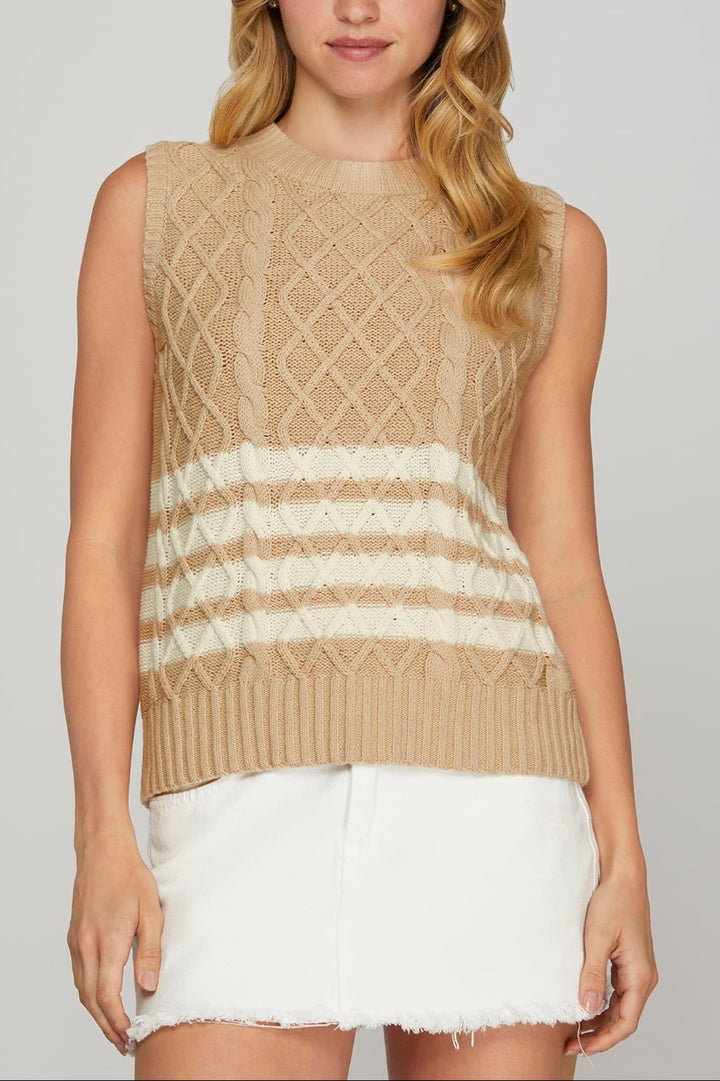 SLEEVELESS STRIPED CABLE KNIT SWEATER VEST-SKSY8127