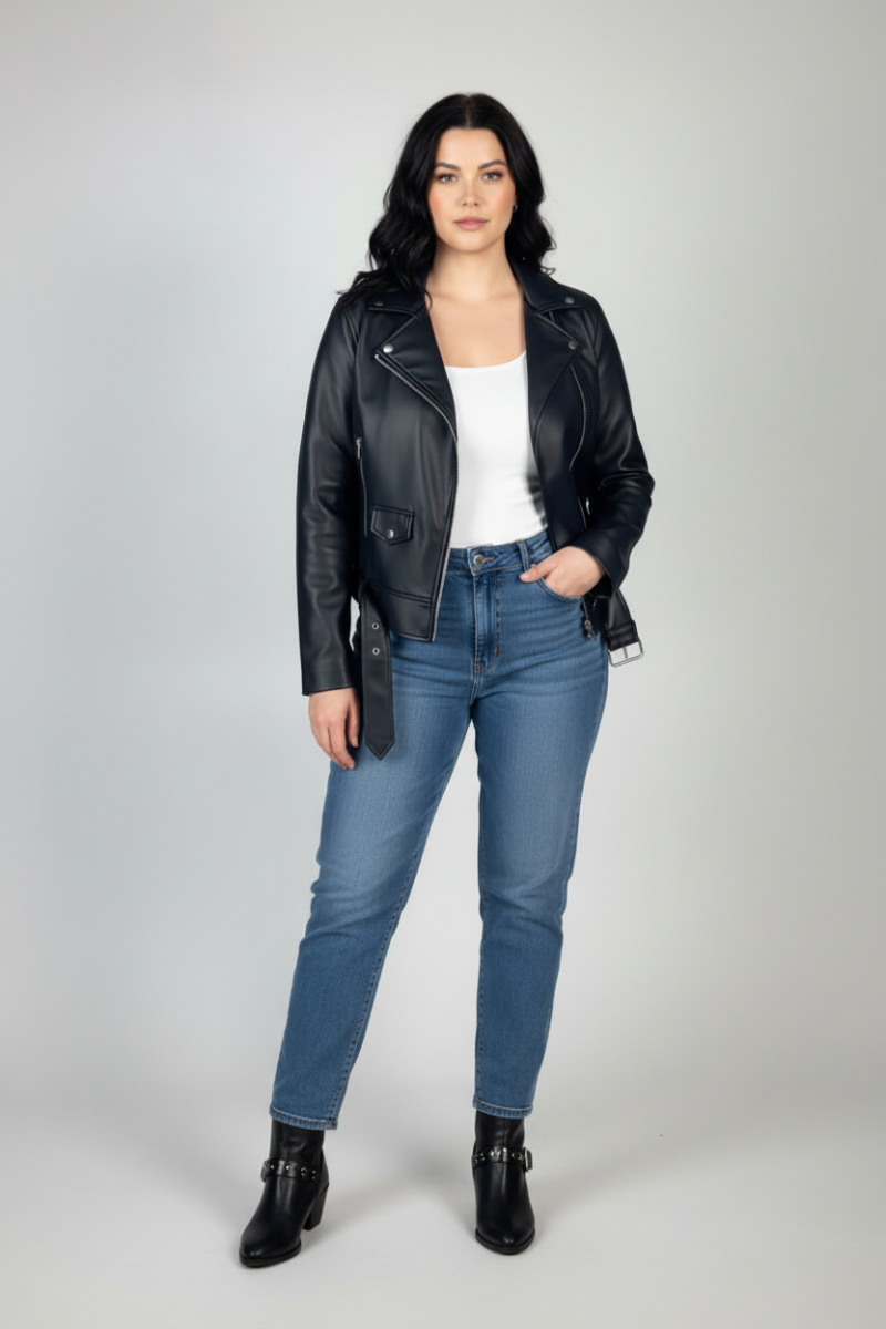 PLUS SIZE BLACK ZIPPERED FAUX LEATHER JACKET