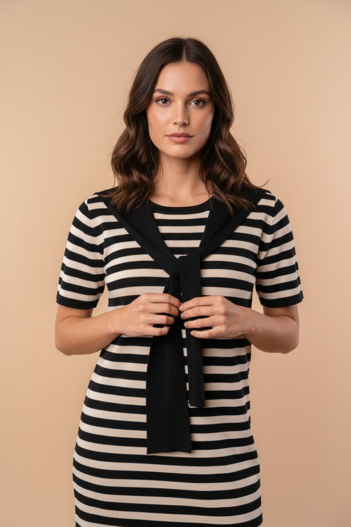 SHORT SLEEVE STRIPED KNIT MIDI DRESS D90685XL