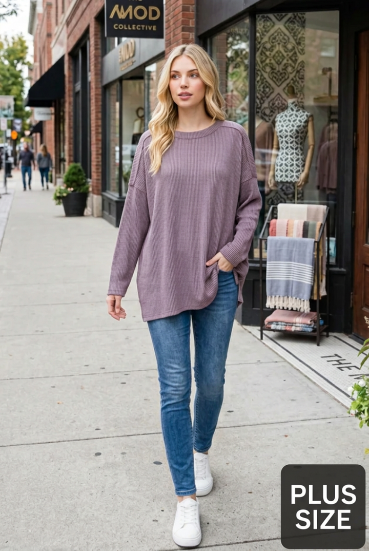 LONG SLEEVE ROUND NECK SOLID URBAN RIBBED TOP HMET7690-10
