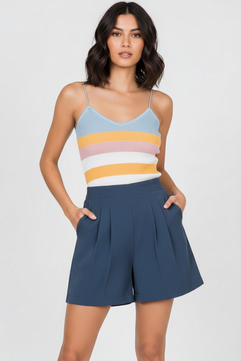 PLEATED ELASTIC WAIST W/SIDE POCKETS  SHORTS HMP1009
