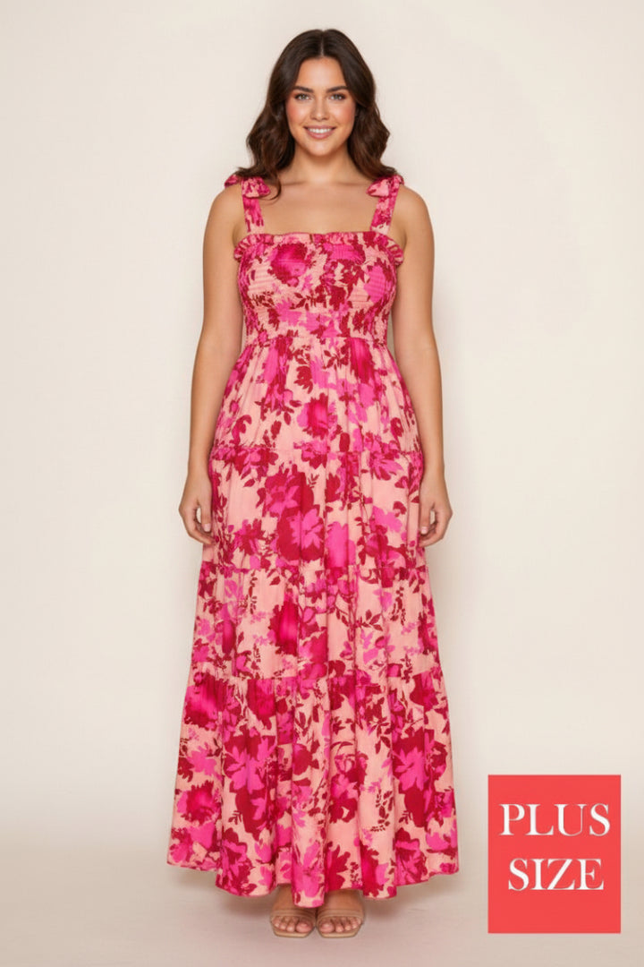 PLUS SIZE SMOCKED SLEEVELESS WOVEN MAXI DRESS