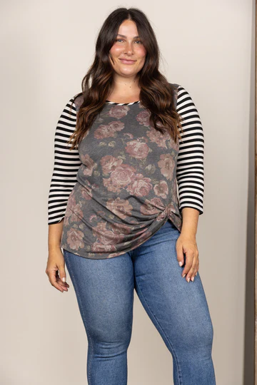 FLORAL STRIPE TWISTED HEM PLUS SIZE TOP T2324