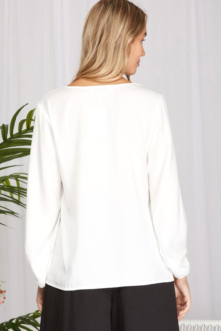 GREEN V-NECK 3/4 BALLOON SLEEVES WOVEN TOP SKSY2330