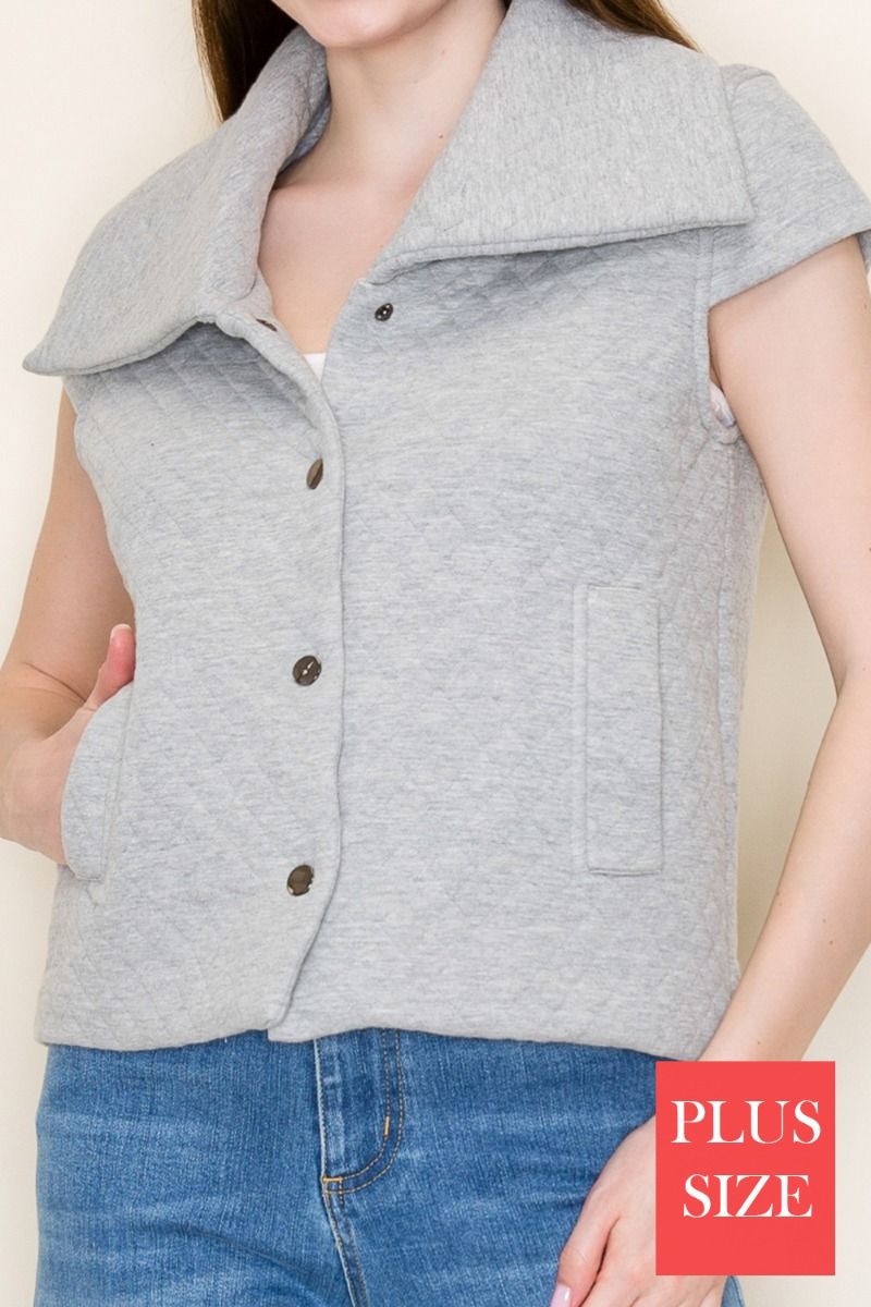 PLUS SIZE SLEEVELESS SOLID BUTTON DOWN VEST