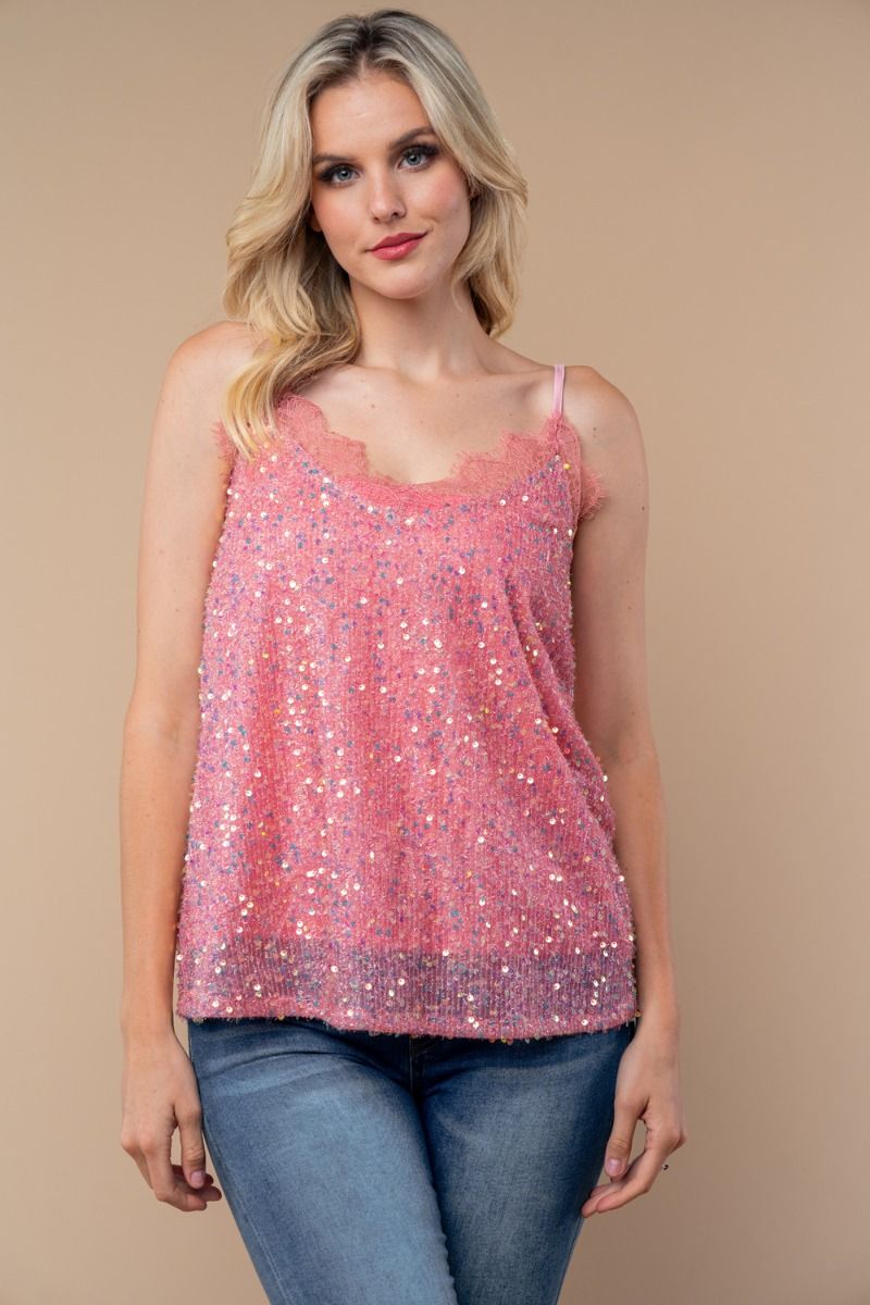 SLEEVELESS SEQUIN TOP WITH V-NECK FEATURING LACE