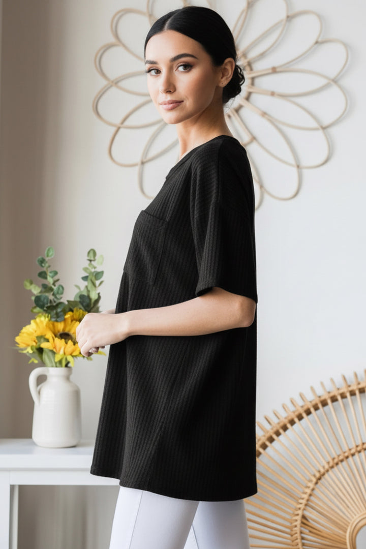 SHORT SLEEVE SPLIT ROUND NECK SOLID WAFFLE TOP*