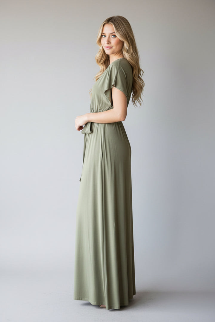 SHORT SLEEVE V NECK SOLID MAXI WRAP DRESS HMED6724S