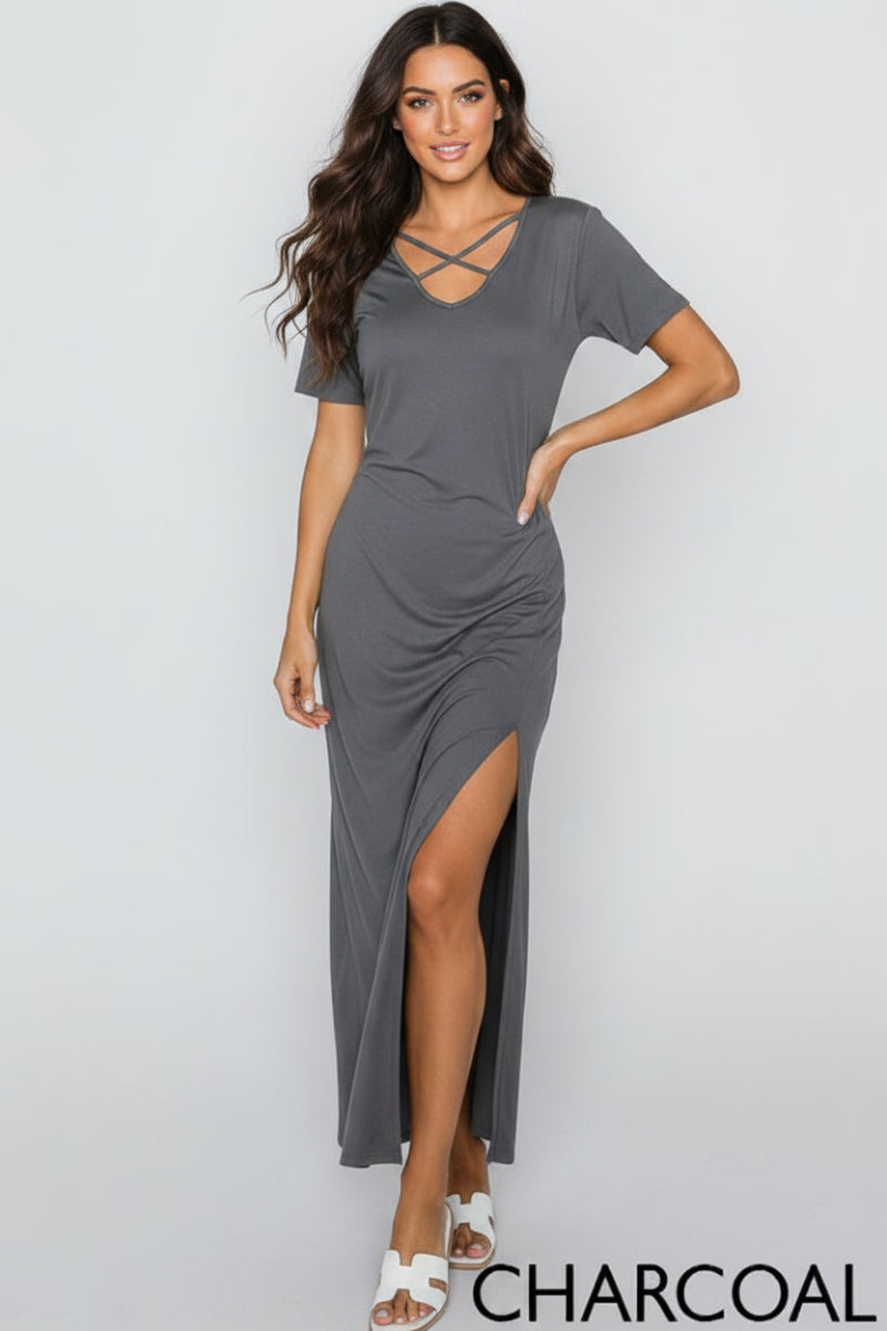 SHORT SLEEVE CRISSCROSS V NECK SOLID MAXI DRESS HMSD1271S