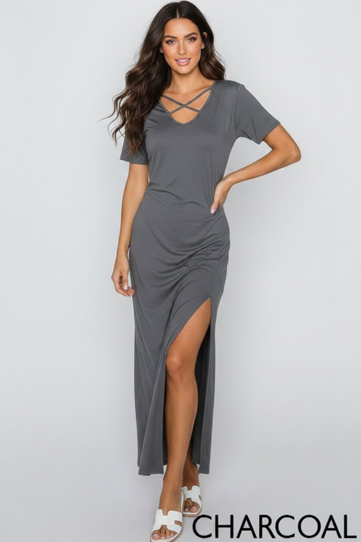 SHORT SLEEVE CRISSCROSS V NECK SOLID MAXI DRESS HMSD1271S