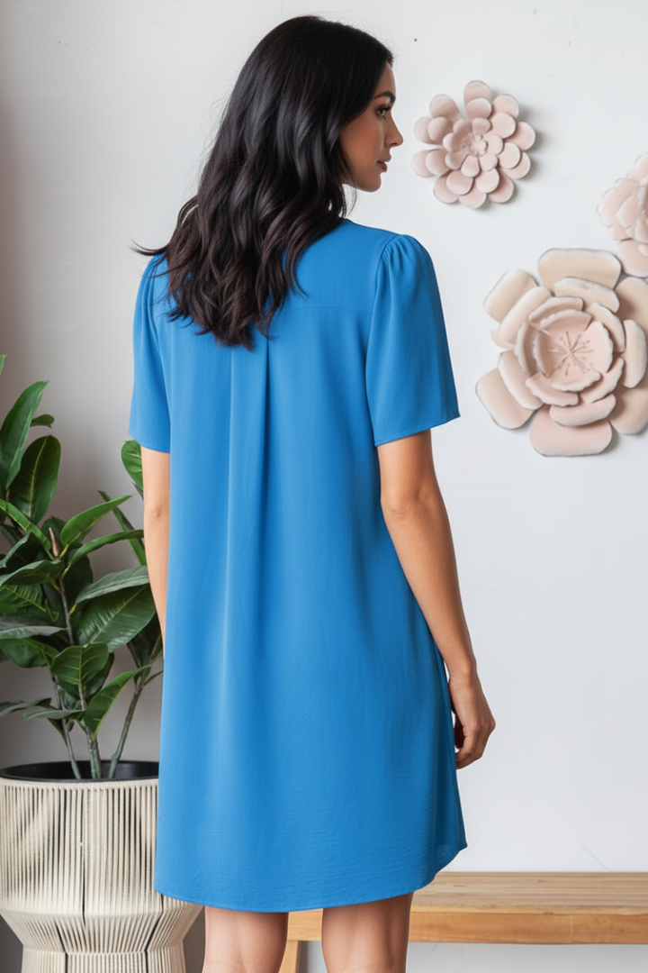 SHORT SLEEVE V NECK SOLID AIRFLOW WOVEN DRESS-HMED6880