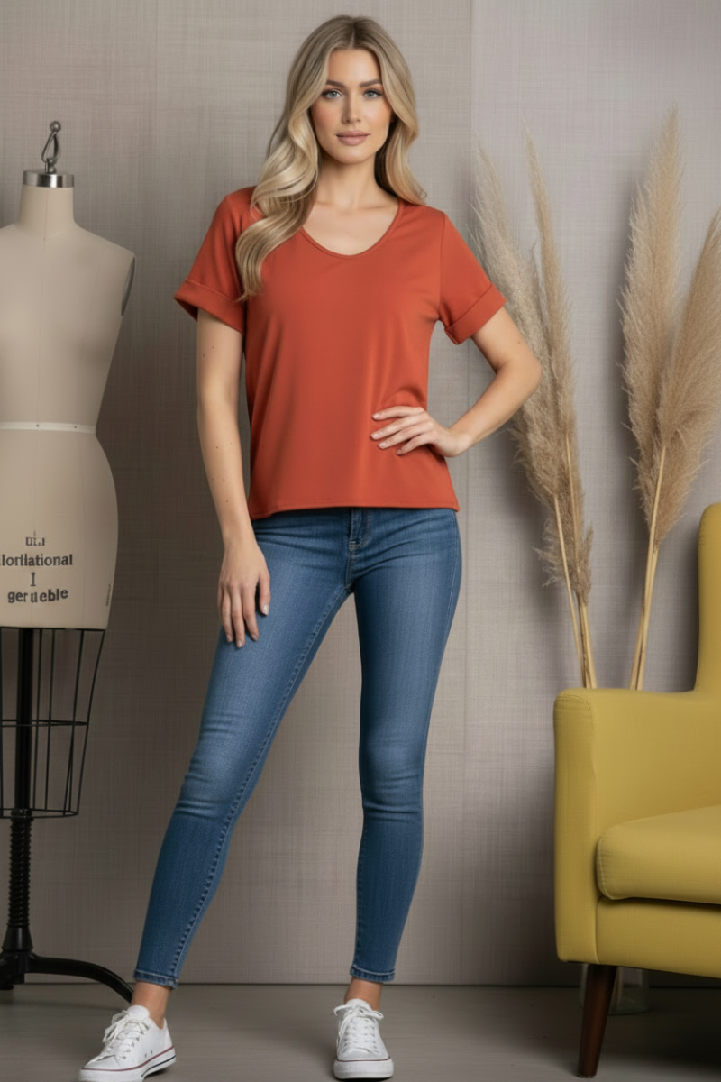 MINT SOLID V-NECK FOLDED HEM SHORT SLEEVE  TOP-ST11396 *