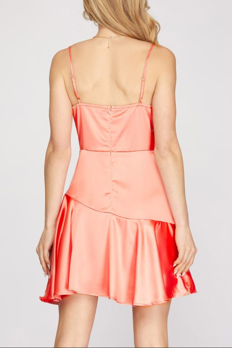CAMI SURPLICE HEAVY SATIN FLARE MINI DRESS SKSY3866