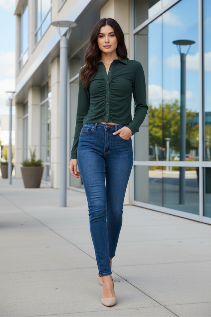 LONG SLEEVES BRUSHED STRETCH SHIRRING DETAILED  TOP SKSS8709*