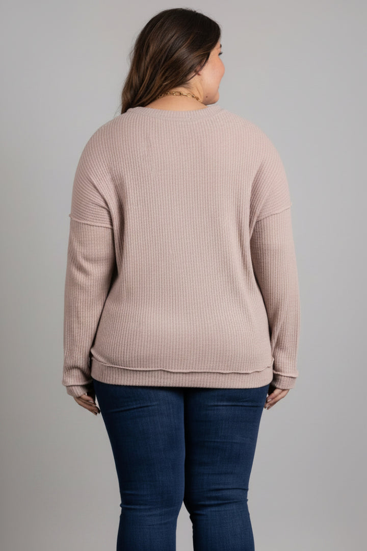 CHARCOAL RIBBED KNIT LONG SLEEVES PLUS SIZE TOP M5044P