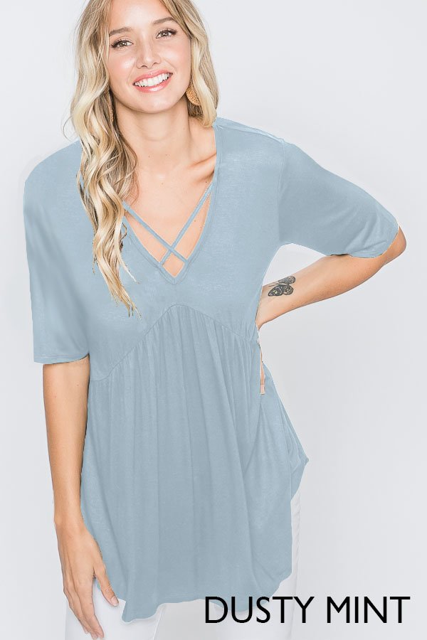 HALF SLEEVE CRISSCROSS V NECK SOLID BABYDOLL TOP