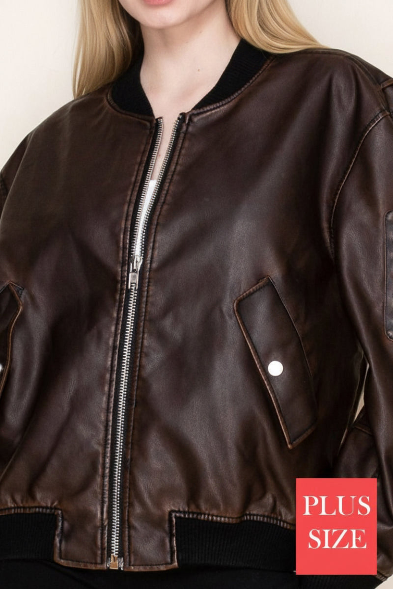 PLUS SIZE LONG SLEEVE SOLID LEATHER JACKET WITH ZIP-UP-WBT11140P