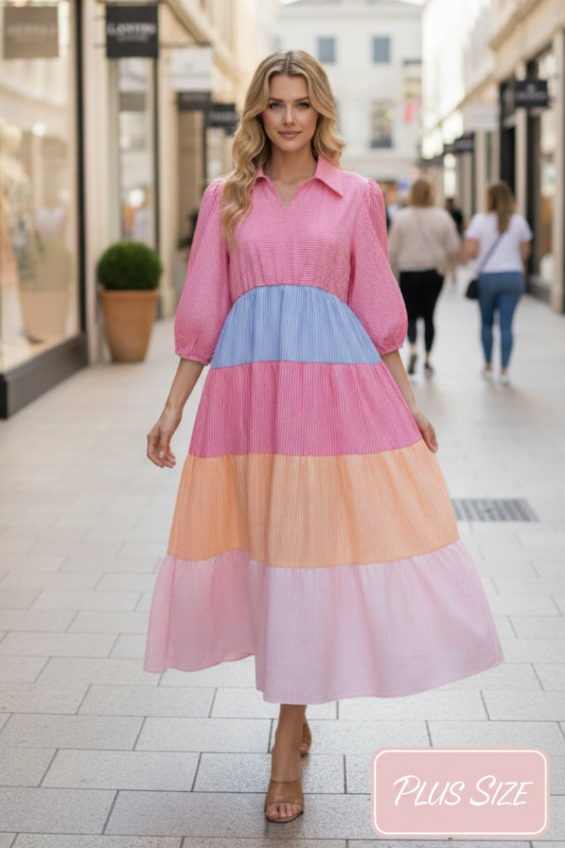 PLUS SIZE TIERED SILHOUETTE COLORBLOCK MIDI DRESS SHVL6112