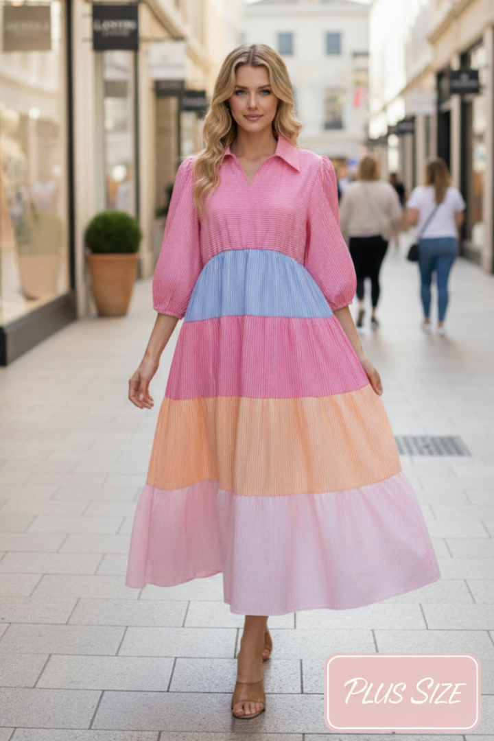 PLUS SIZE TIERED SILHOUETTE COLORBLOCK MIDI DRESS SHVL6112