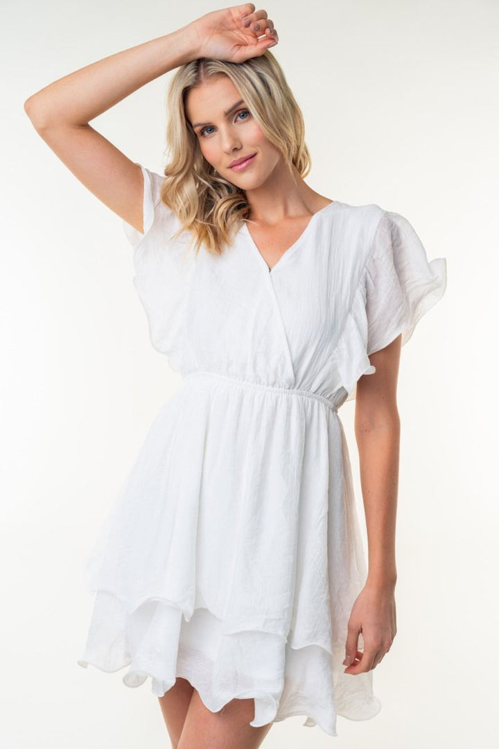 SHORT SLEEVE SOLID WOVEN DRESS