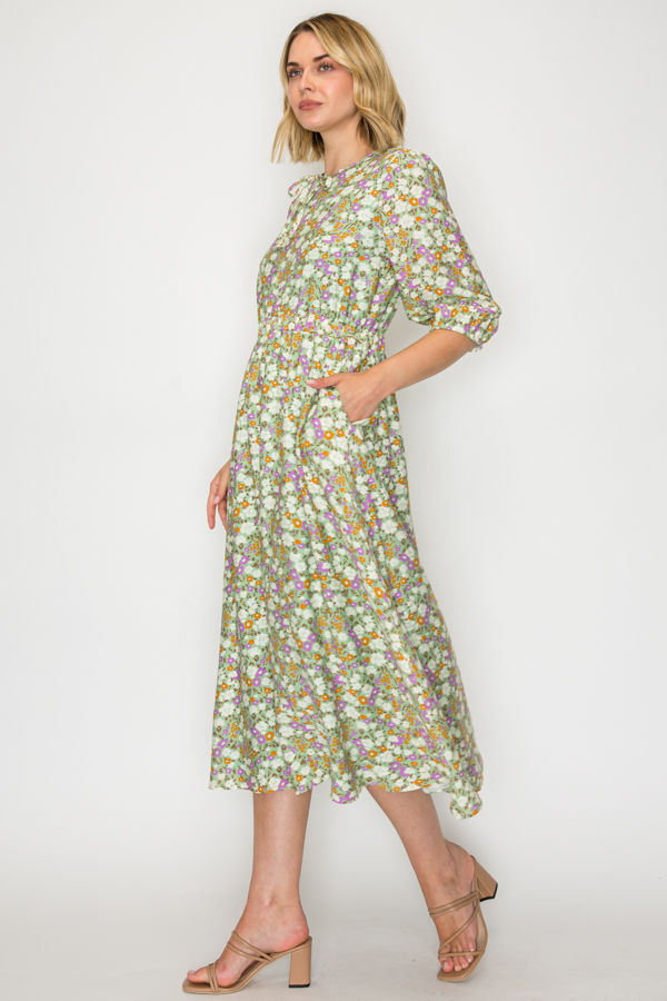 FLORAL BOHO MIDI DRESS WITH SIDE POCKETS