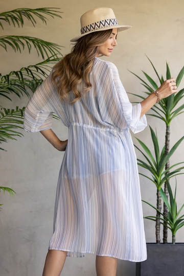 LIGHT YELLOW WHITE KRAVET STRIPES PRINT COVER-UP-VJ90867