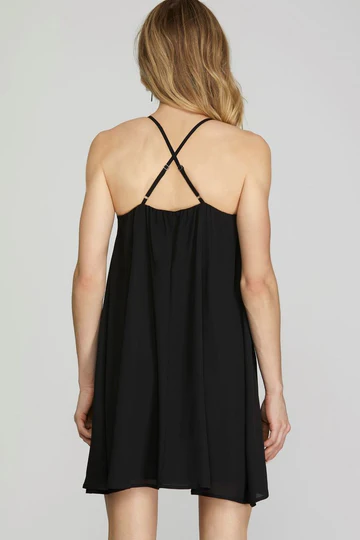 HALTER ROSETTE RUFFLED WOVEN MINI DRESS