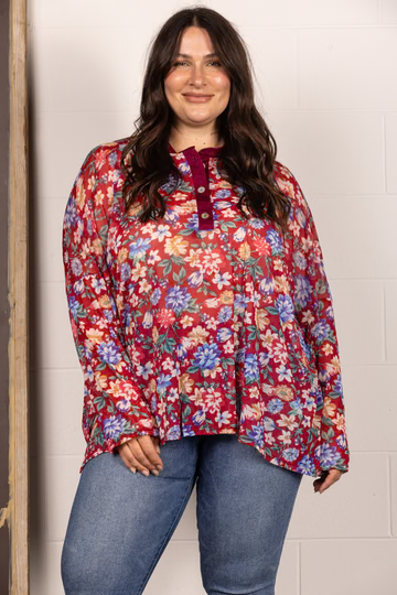 BROWN MANDARIN COLLAR FLORAL PRINT PLUS SIZE TOP T7538