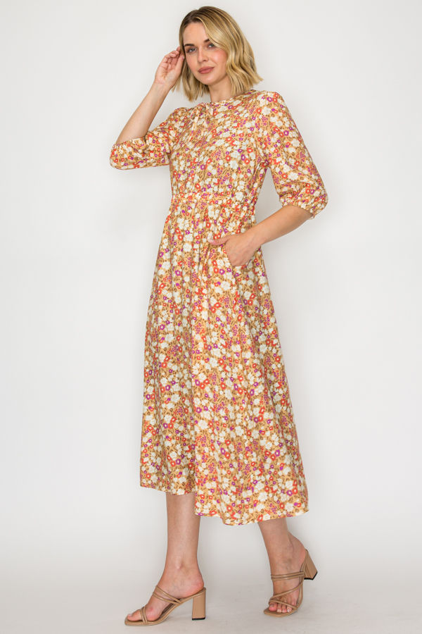 PLUS SIZE FLORAL BOHO MIDI DRESS WITH SIDE POCKETS