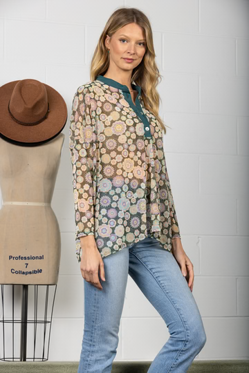 BURGUNDY MANDARIN COLLAR SILHOUETTE TOP-T7538