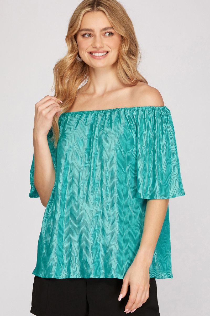 GREEN OFF SHOULDER PLISSE WOVEN TOP SKSY3901