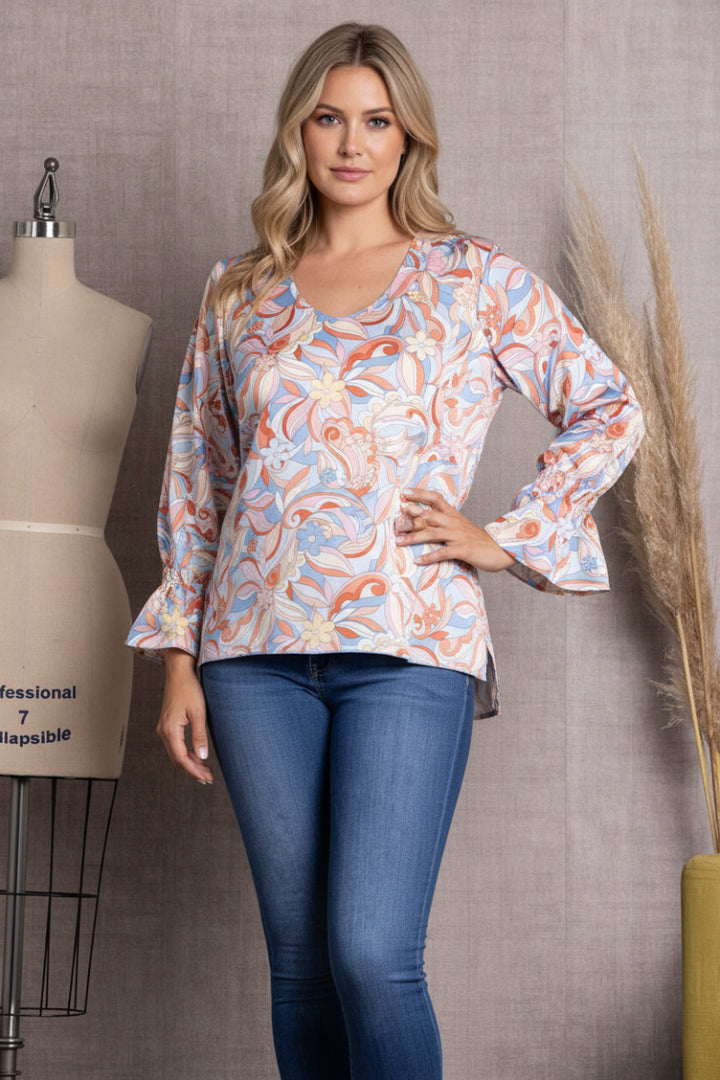 BLUSH PRINTED V-NECK CUFF LONG BALLOON SLEEVE TOP-ST11922