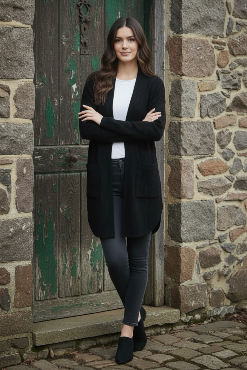 LONG SLEEVE SOLID BRUSHED URBAN RIBBED OPEN CARDIGAN-HMEJ6782-18