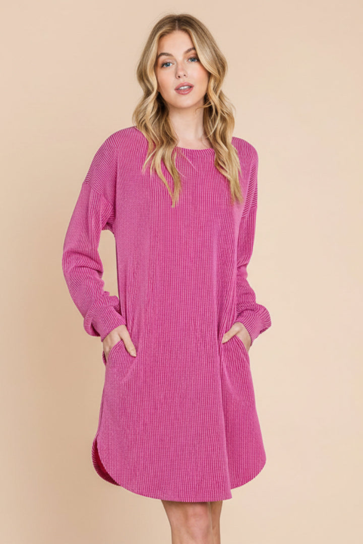 PLUS SIZE LONG PUFF SLEEVE SOLID URBAN RIBBED MINI DRESS