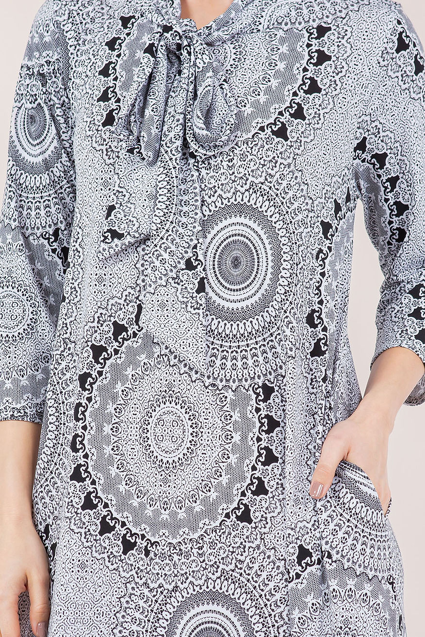 PLUS SIZE TIE-NECK A-LINE MODEST DRESS WITH SIDE POKTES