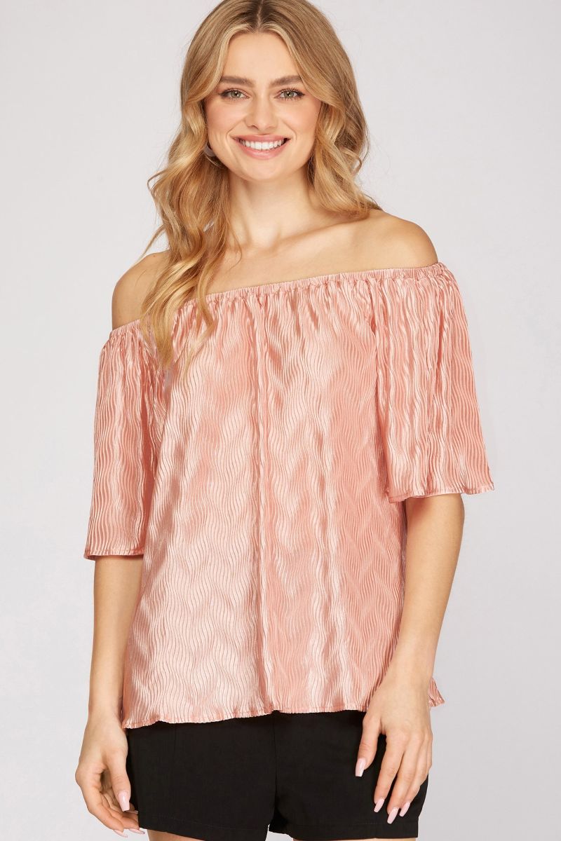GREEN OFF SHOULDER PLISSE WOVEN TOP SKSY3901
