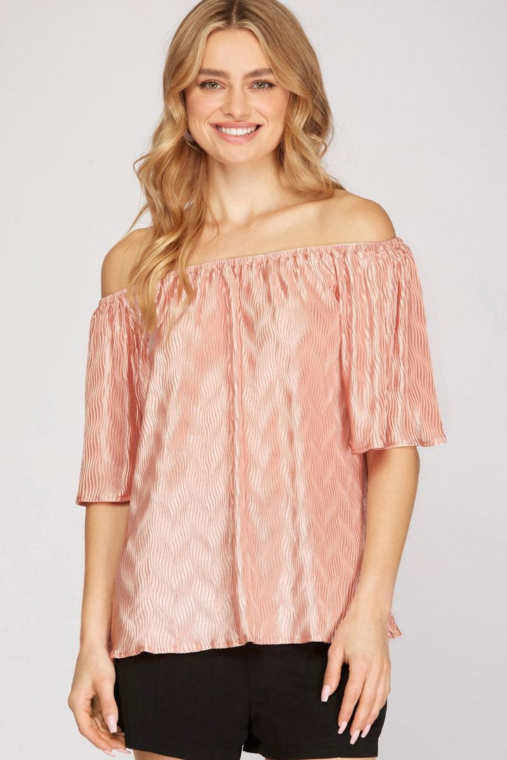 GREEN OFF SHOULDER PLISSE WOVEN TOP SKSY3901