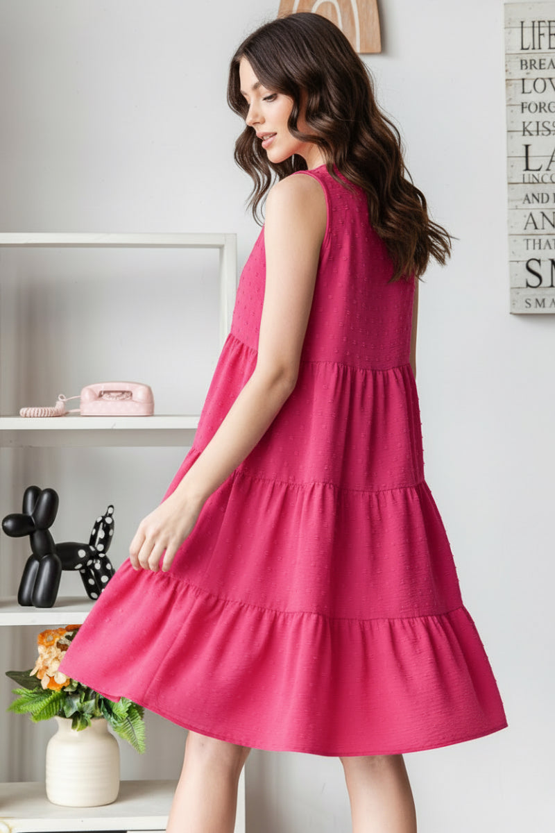 PLUS SIZE ROUND NECK SOLID SWISS DOT TIERED MINI DRESS-HMED6840-10