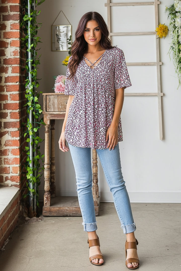 V NECK ANIMAL PRINT BABYDOLL TOP-HMET6117-30