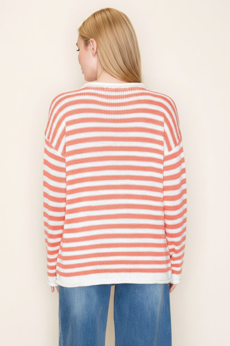 STRIPE ROUND NECK LONG SLEEVE KNIT TOP-WBT10601XL